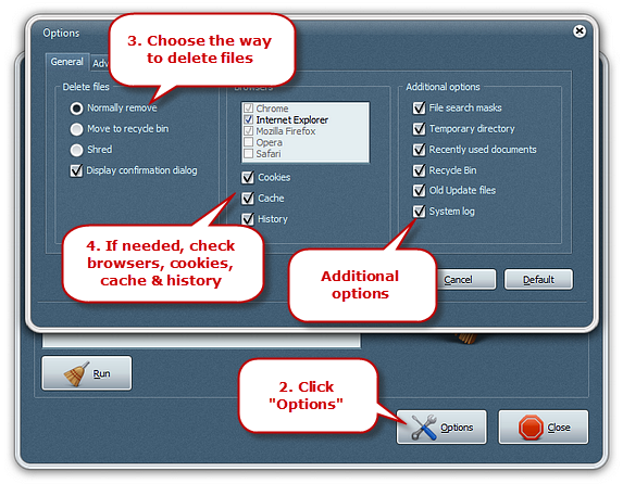 Set Cleaning Options & Check Internet Browser